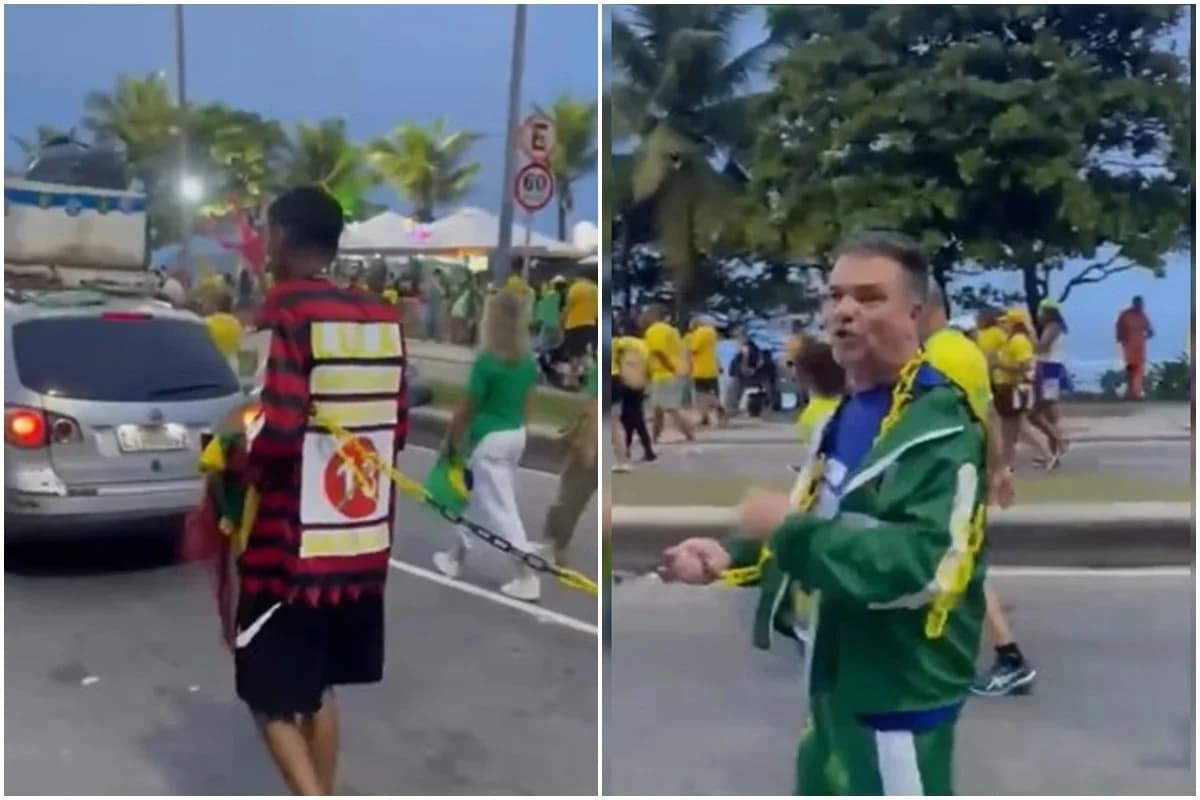 Cena estarrecedora: Apoiador de Flávio Bolsonaro conduz homem negro acorrentado em ato no Rio